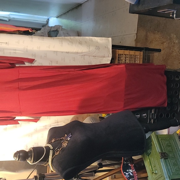 Express Red Satin look Open Tie Sleeve Slit Maxi Dress - Picture 3 of 9